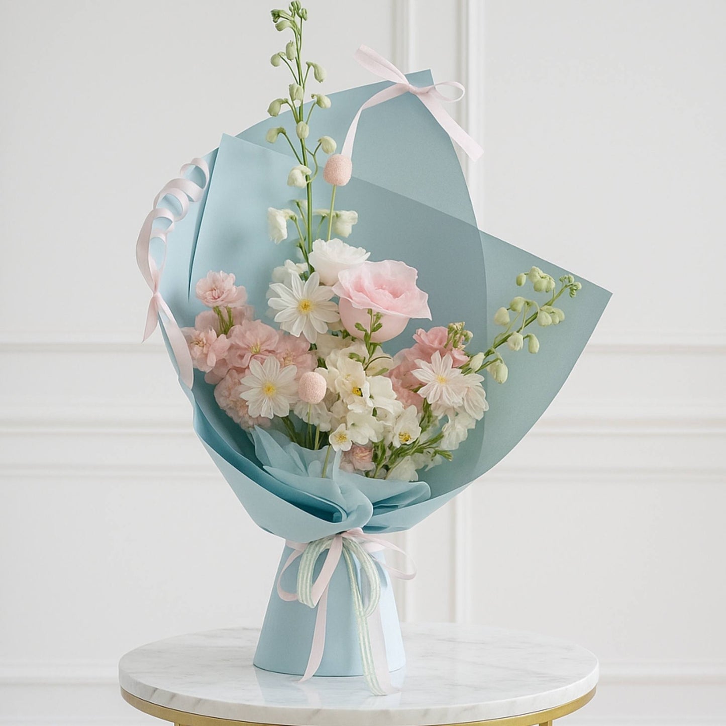 Designer's Choice Icing Blue Pastel Pink Luxury Flower Bouquet