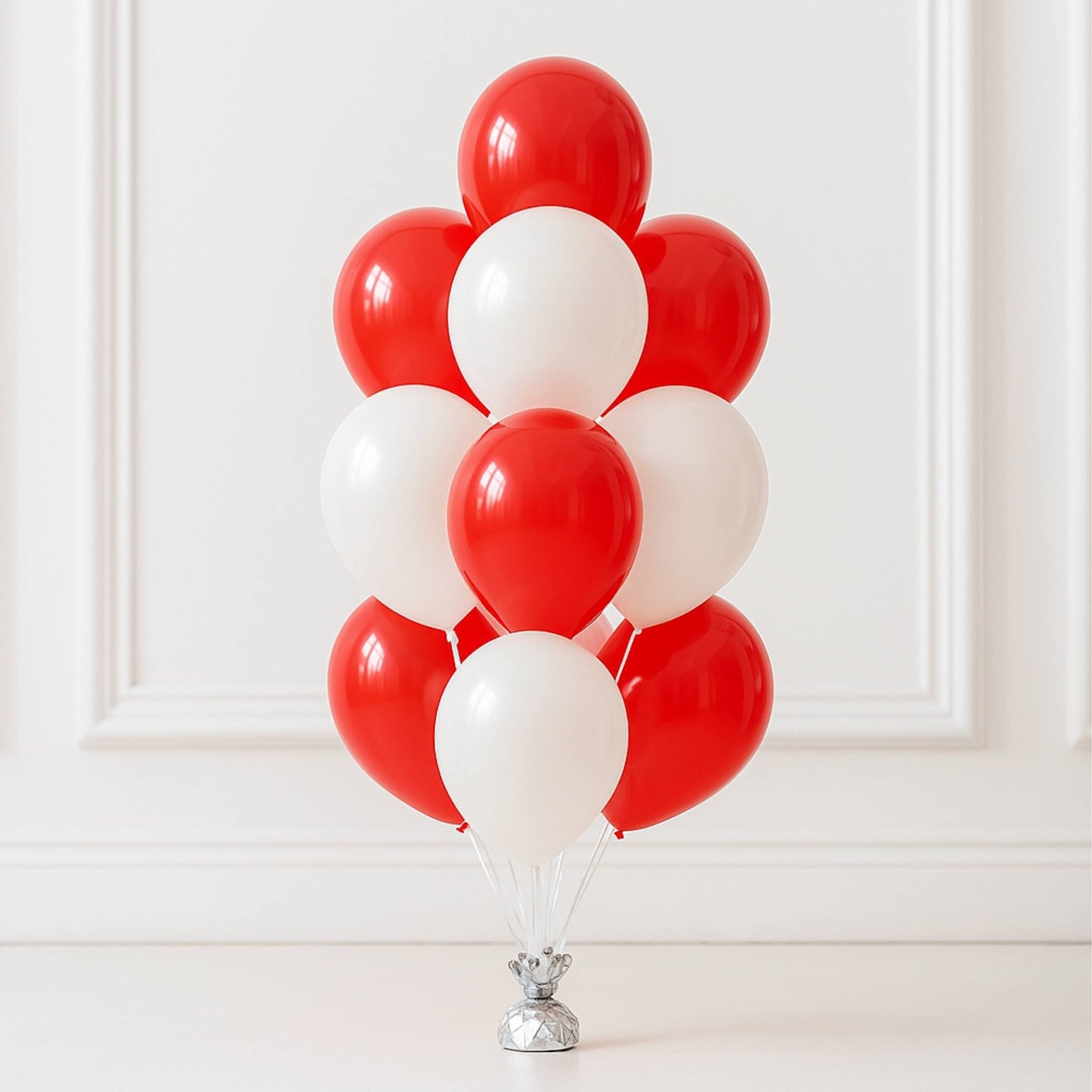 Classic red and white helium balloon bouquet of 10