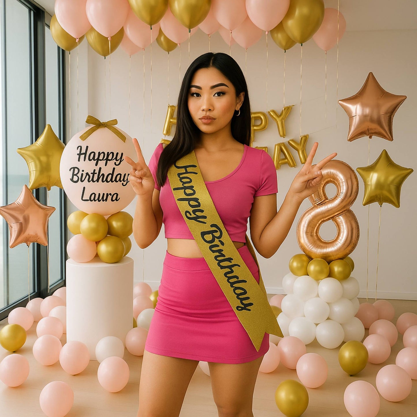 Woman in a pink dress with a 'Happy Birthday' sash surrounded by balloons and decorations.