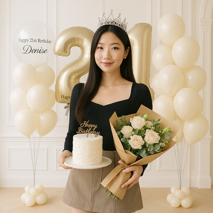 Birthday Beige Black Bow Customized Bubble Helium Balloon Set