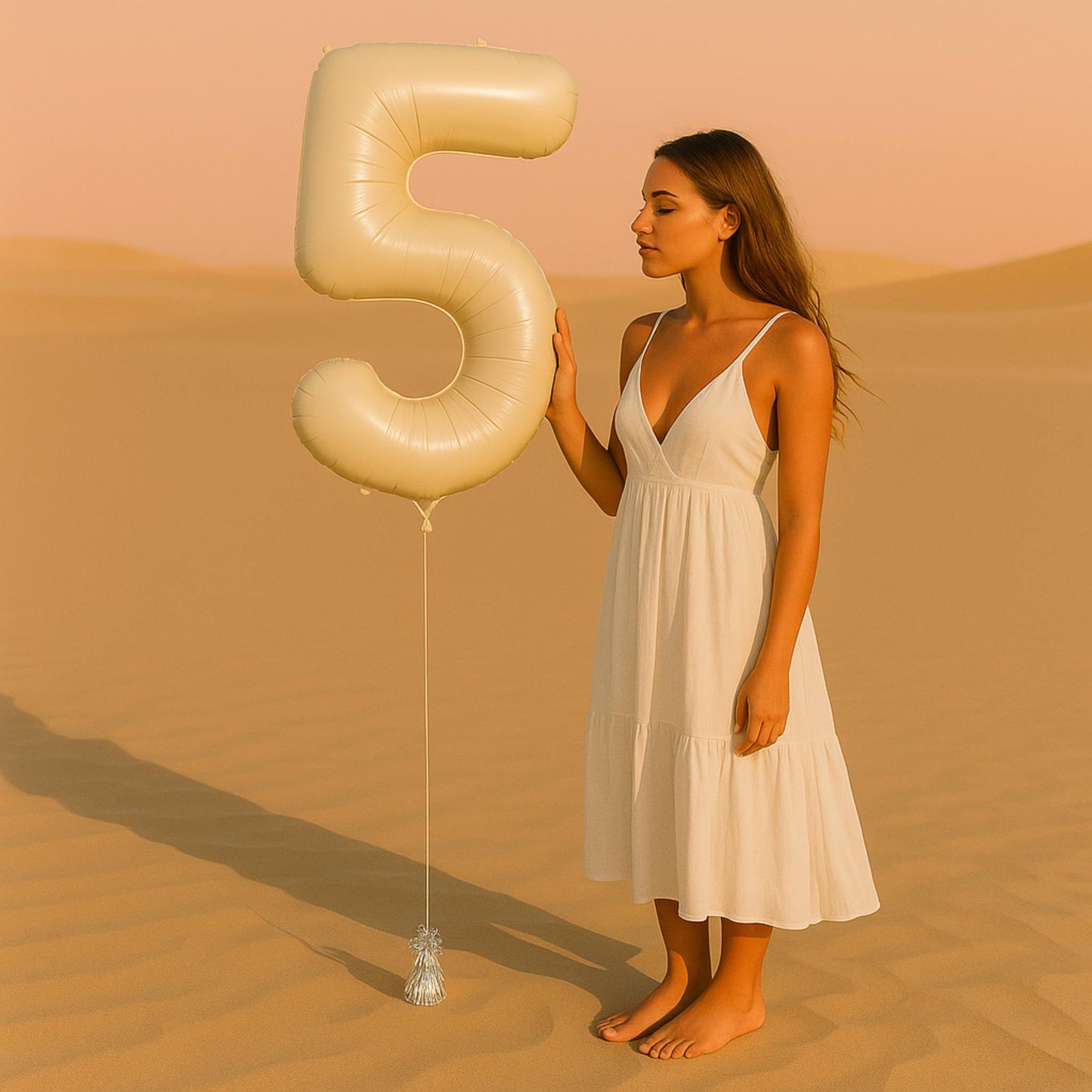 Woman in a white dress holding a large beige balloon shaped like the number '5' in a desert setting.