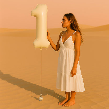 Woman in a white dress holding a large number '1' balloon in a desert setting