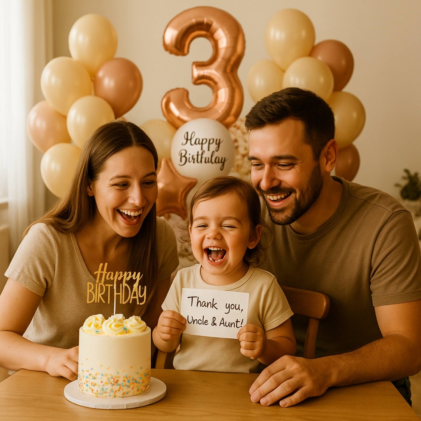Family celebrating a child's third birthday with balloons and a cake.