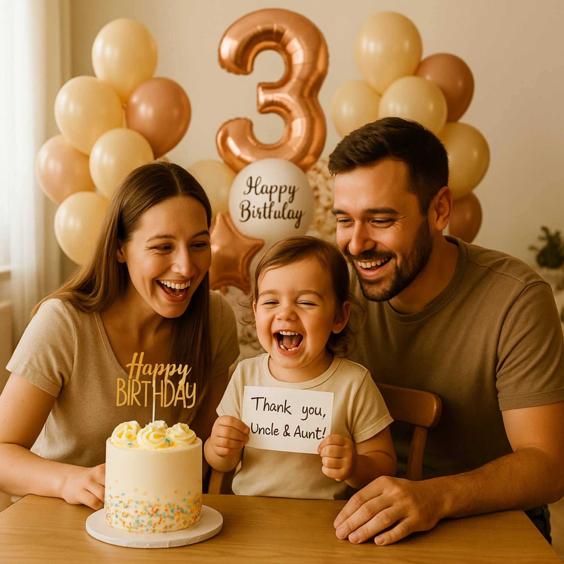 Family celebrating a child's third birthday with balloons and a cake.