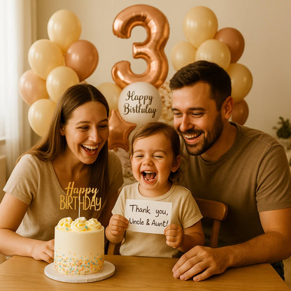 Family celebrating a child's third birthday with balloons and a cake.