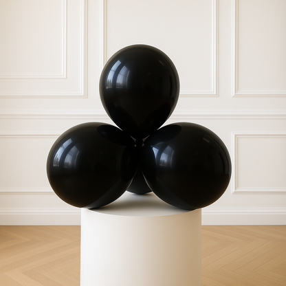 Black balloon sculpture on a white pedestal against a white paneled wall.