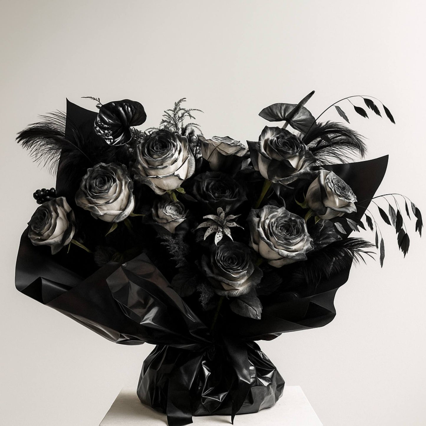 Bouquet of black and white roses with feathers on a light background