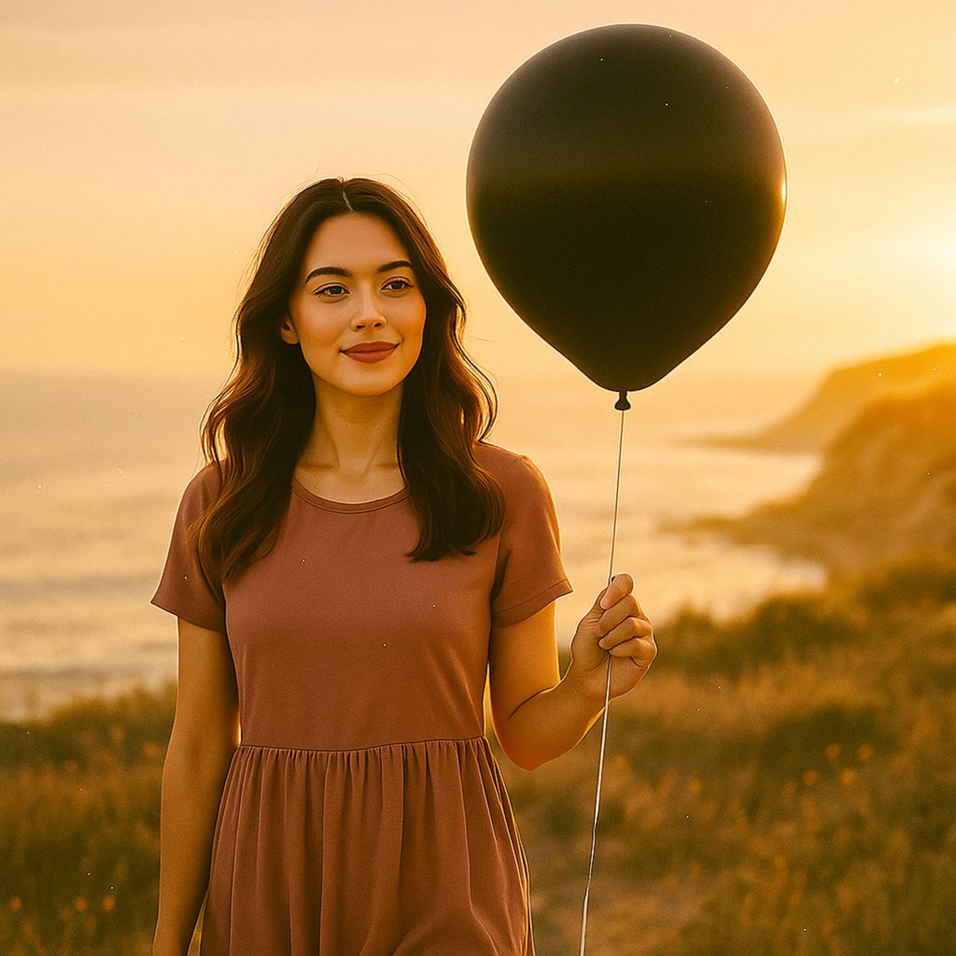 Woman holding a black balloon against a sunset backdrop