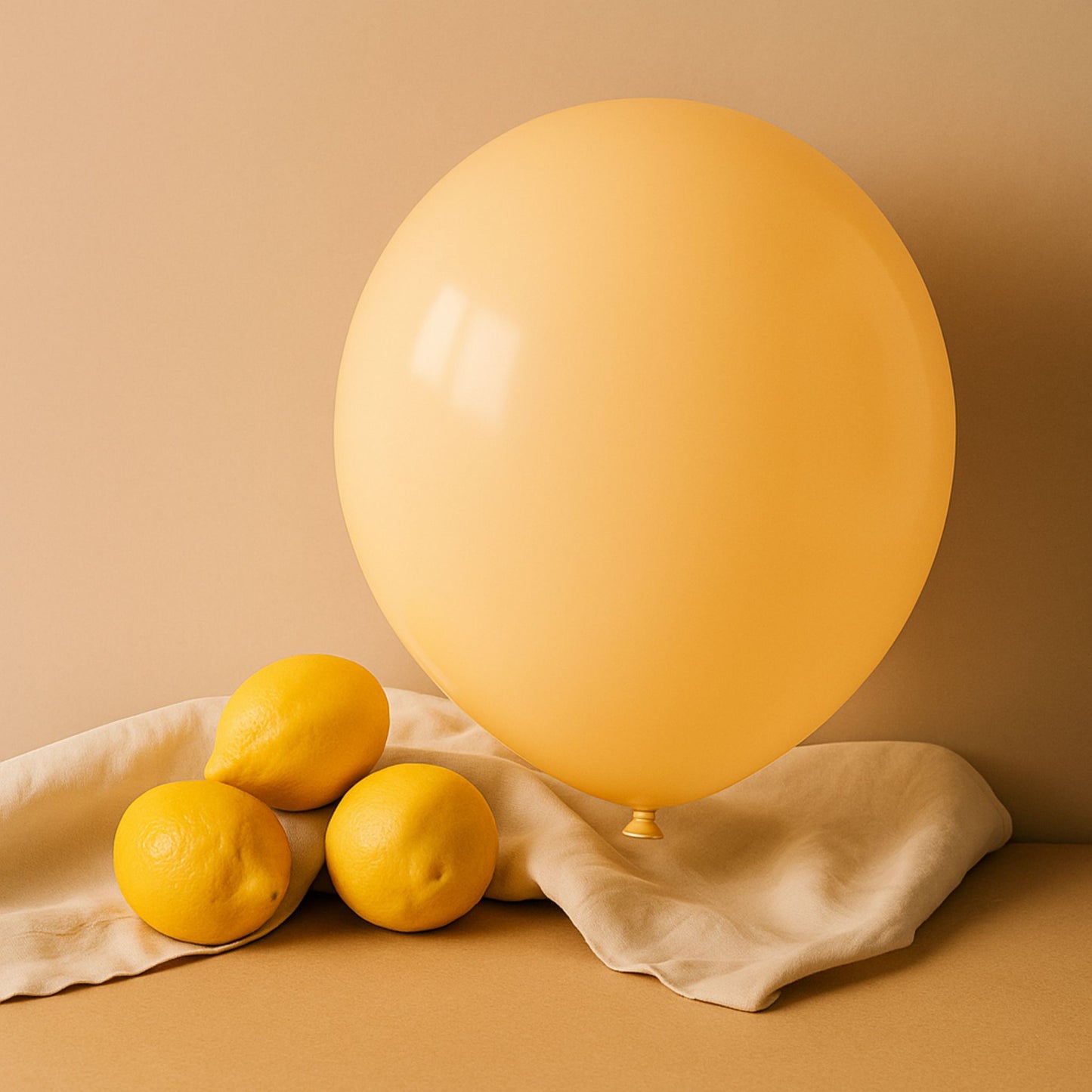 Yellow 11 inch helium  balloon and lemons on a beige cloth against a beige background