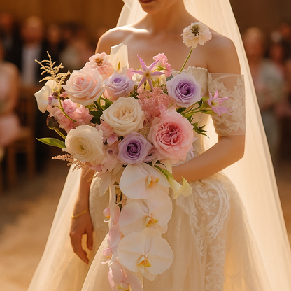 Bride holding a bouquet of flowers with a blurred background