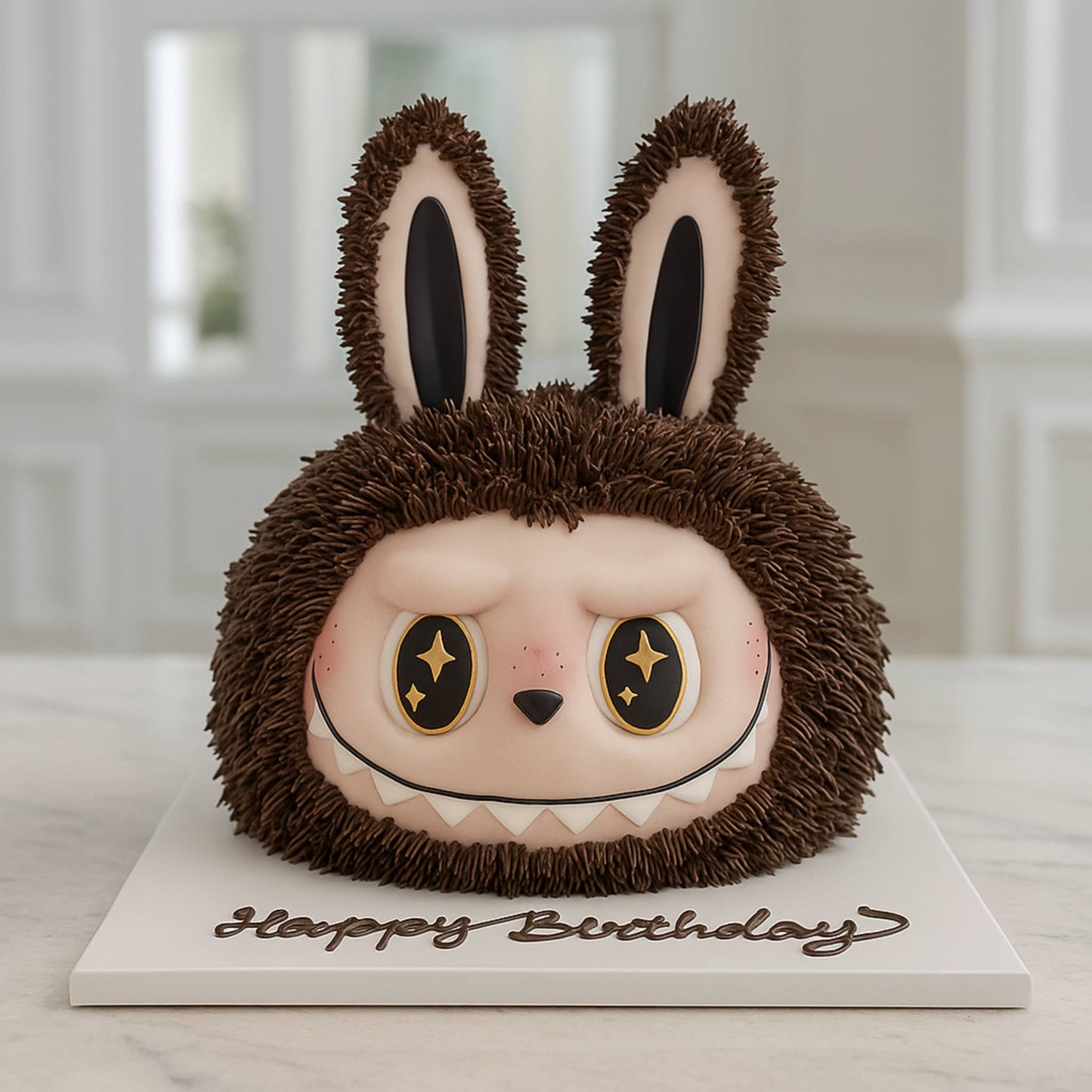 Cake designed like a cartoon sloth labubu with bunny ears on a white background