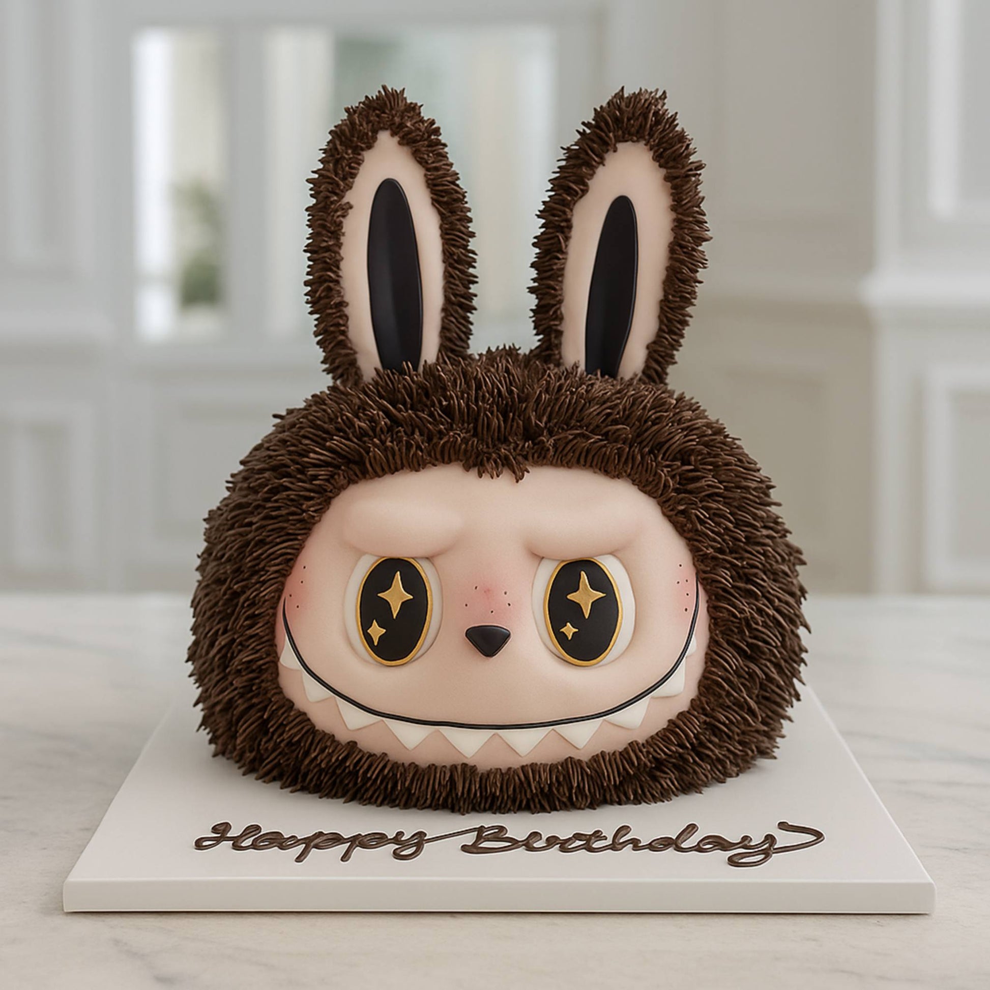 Cake designed like a cartoon sloth labubu with bunny ears on a white background