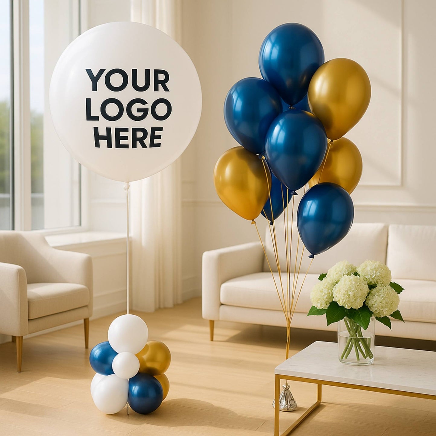 Decorative balloons with a placeholder for a logo in a living room setting.