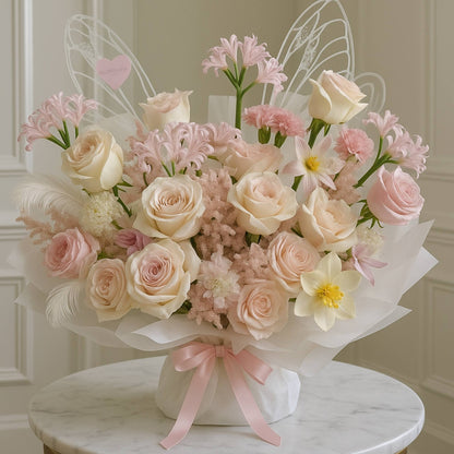Bouquet of pink and white flowers on a marble surface with a decorative background