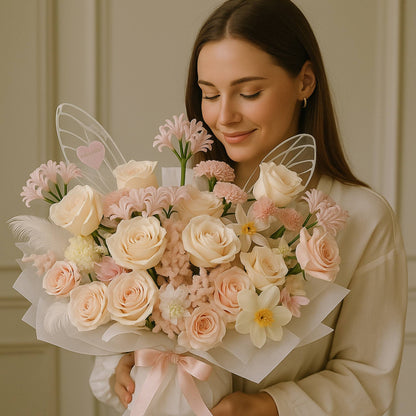 Woman holding a bouquet of flowers with fairy wings against a neutral background