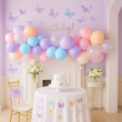 Birthday party setup with colorful balloons, cake, and butterfly decorations in a room.