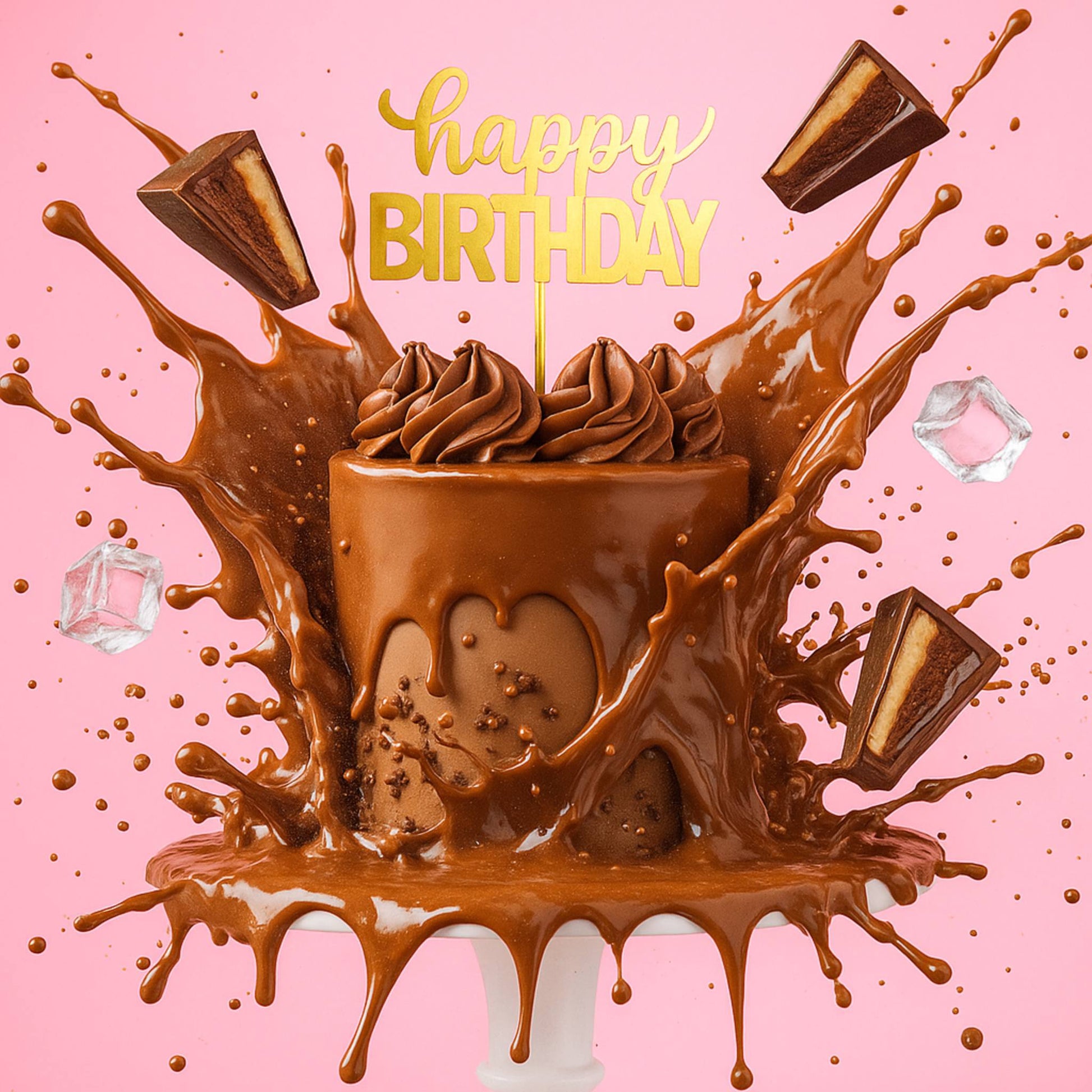 Chocolate birthday cake with splashes and 'Happy Birthday' text on a pink background
