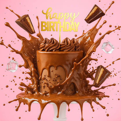 Chocolate birthday cake with splashes and 'Happy Birthday' text on a pink background