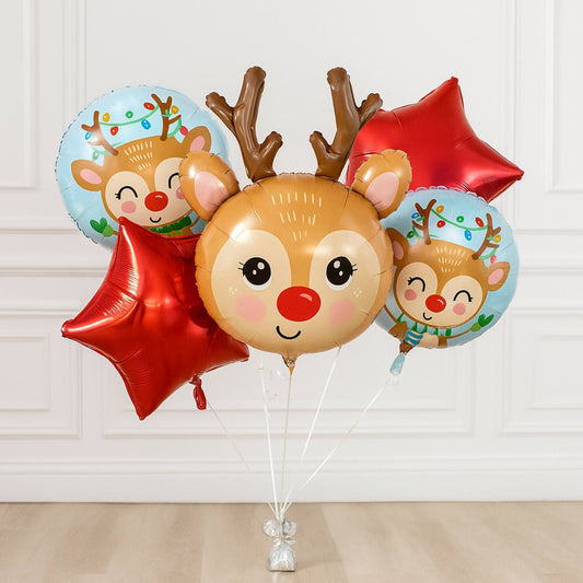 Set of reindeer-themed balloons on a white background
