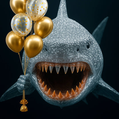Shark with open mouth holding gold balloons against a black background