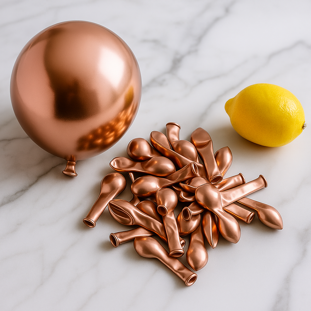 Bronze balloons and a lemon on a marble surface