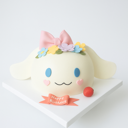 Cute character cake with a pink bow and flowers on a white background