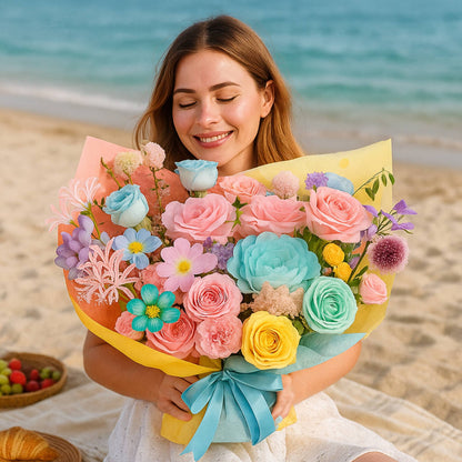Woman holding a colorful bouquet of flowers on a beach