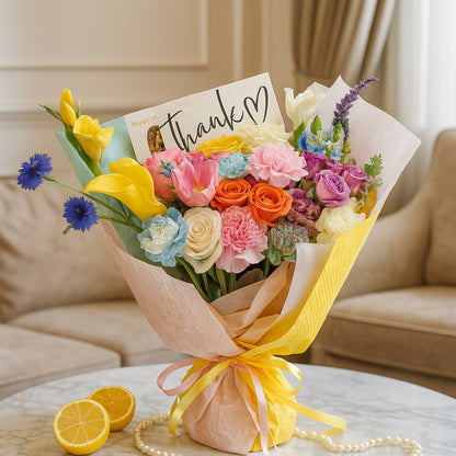 Colorful bouquet of flowers with a 'Thank you' card on a table.