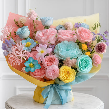 Colorful bouquet of flowers in a yellow holder on a white surface.