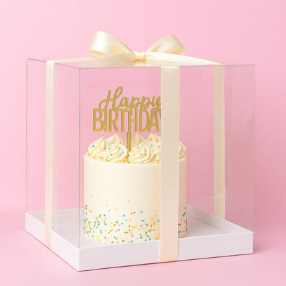 Gift box with a birthday cake inside, featuring a 'Happy Birthday' message on a pink background.