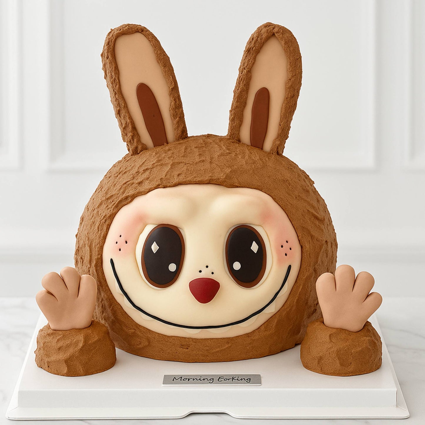 Cake designed to look like a cartoon character with bunny ears on a white background