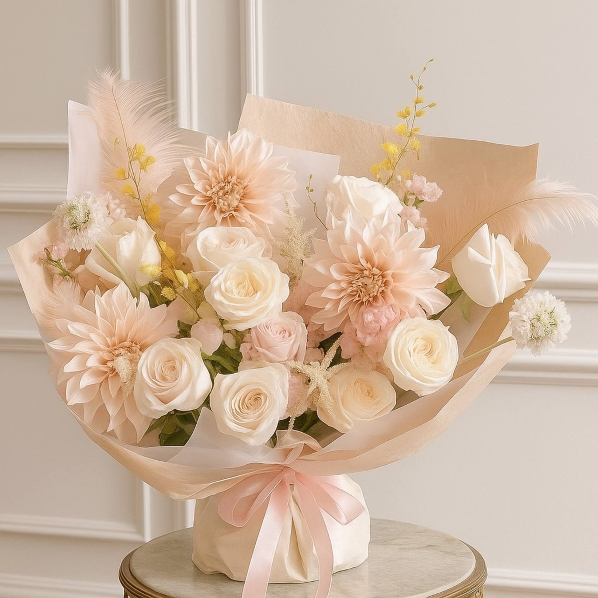 Bouquet of flowers wrapped in beige paper with a pink ribbon on a white background