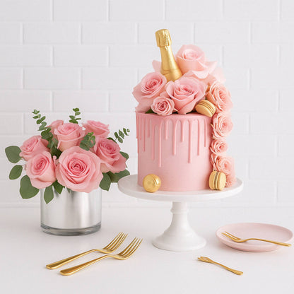 Gold Champagne Pink Roses Celebrate Cake