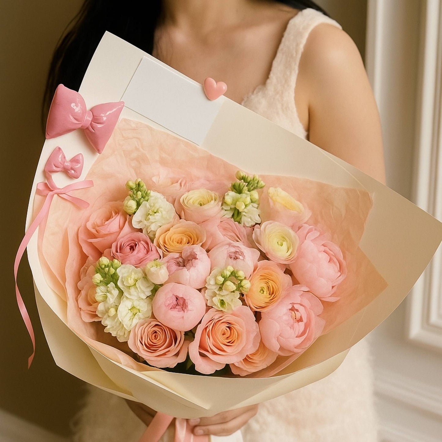 Bouquet of pink and white flowers with decorative ribbons held by a person.