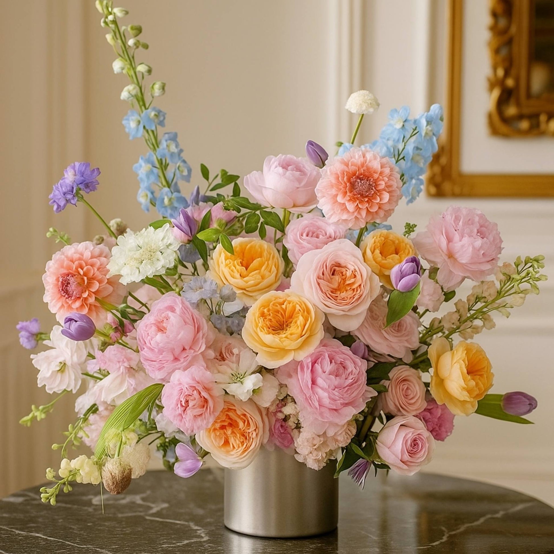 Bouquet of colorful flowers in a silver vase on a marble surface.