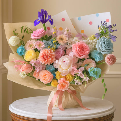 Colorful bouquet of flowers with a pink ribbon on a marble surface.