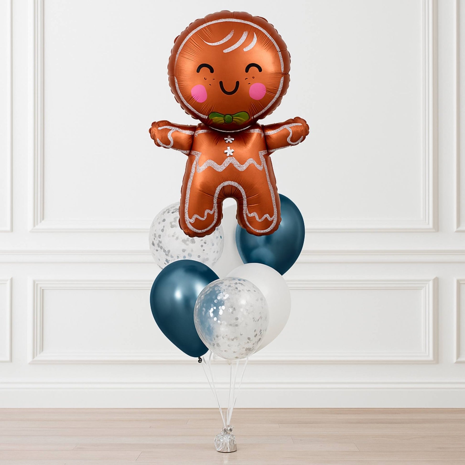 Gingerbread man balloon with blue and clear balloons on a white background