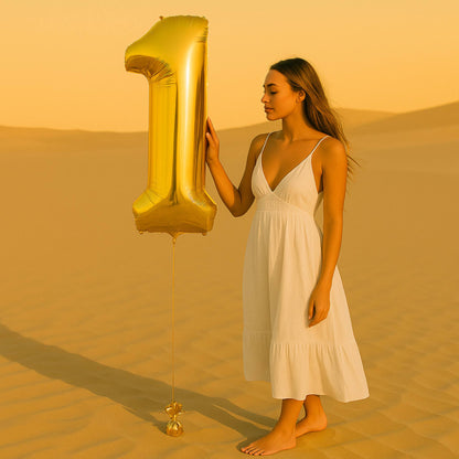 Woman in a white dress holding a large gold number '1' balloon in a desert setting.