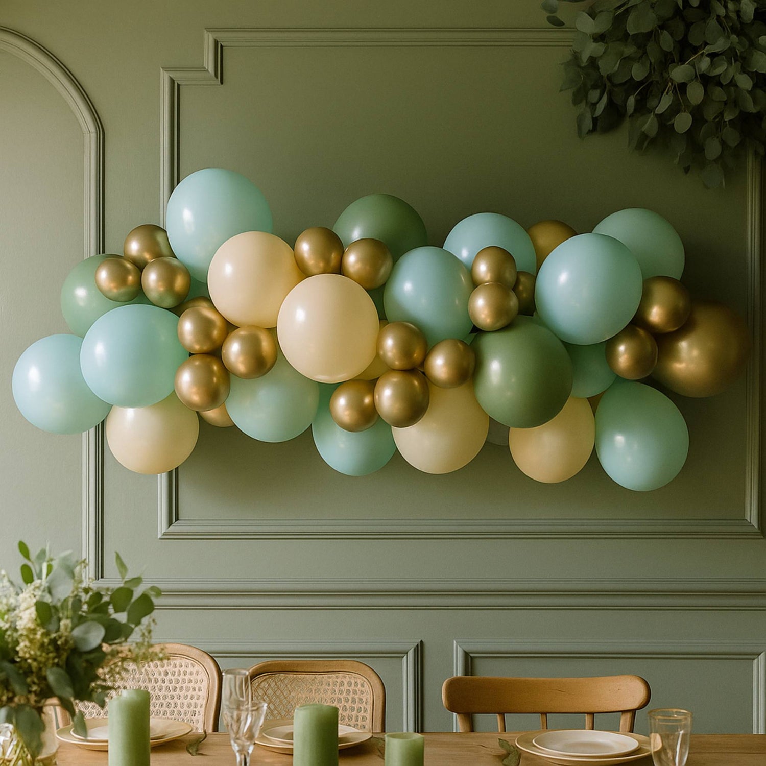 Balloon garland in green, gold, and beige hanging on a green wall above a dining table.