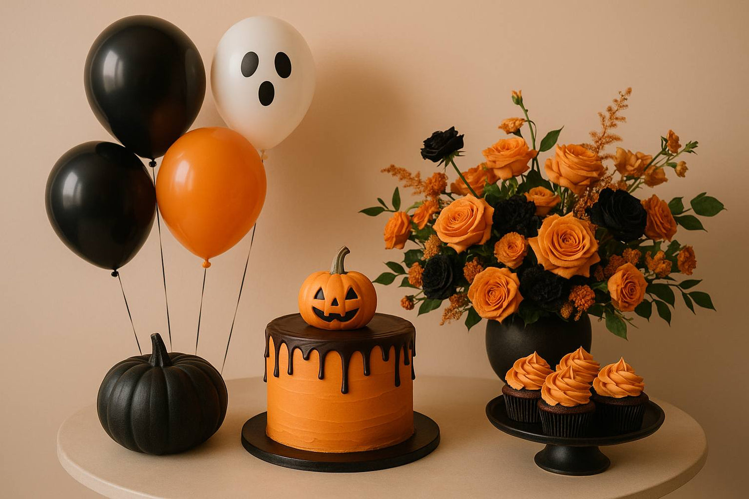 Halloween-themed table setting with cake, balloons, and flowers on a beige background