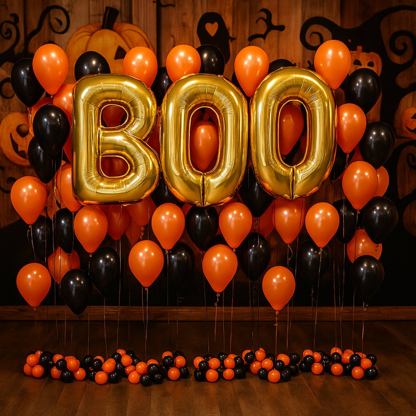 Halloween-themed balloon setup with 'BOO' balloons and orange, black, and red balloons against a wooden background.