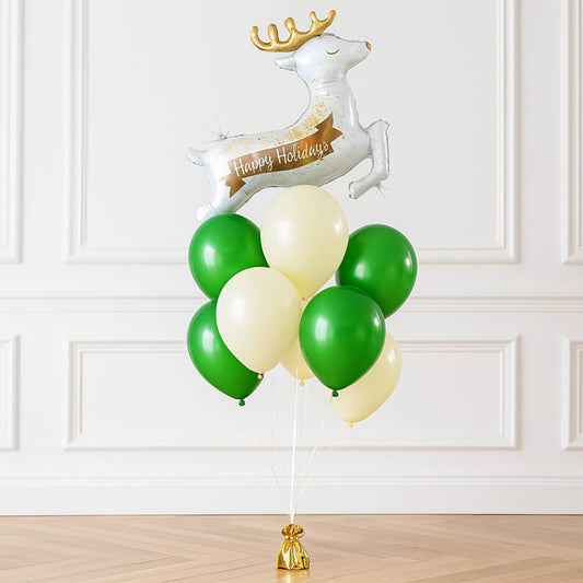 Decorative balloon bouquet with a reindeer-shaped balloon and green and white balloons on a white background.