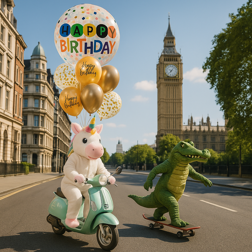 A playful image featuring a 'Happy Birthday' confetti bubble balloon bouquet with gold and multicolored balloons, positioned in a outdoor setting with a iconic building in the background. The balloons are accompanied by a costumed character riding a scooter and a large inflatable crocodile.