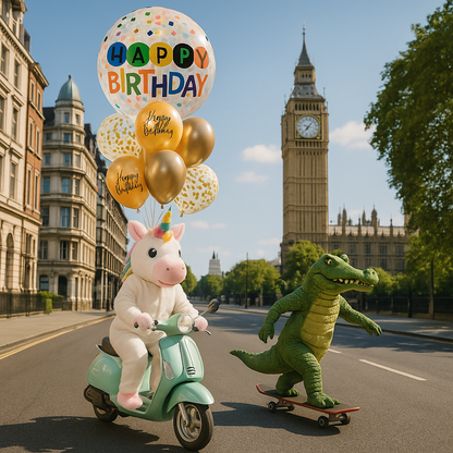 A playful image featuring a 'Happy Birthday' confetti bubble balloon bouquet with gold and multicolored balloons, positioned in a outdoor setting with a iconic building in the background. The balloons are accompanied by a costumed character riding a scooter and a large inflatable crocodile.