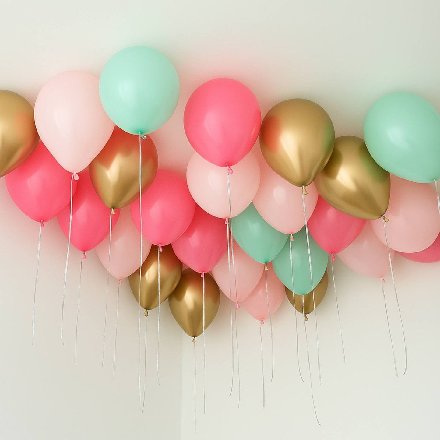 Balloon arch with pink, gold, and green balloons against a white background