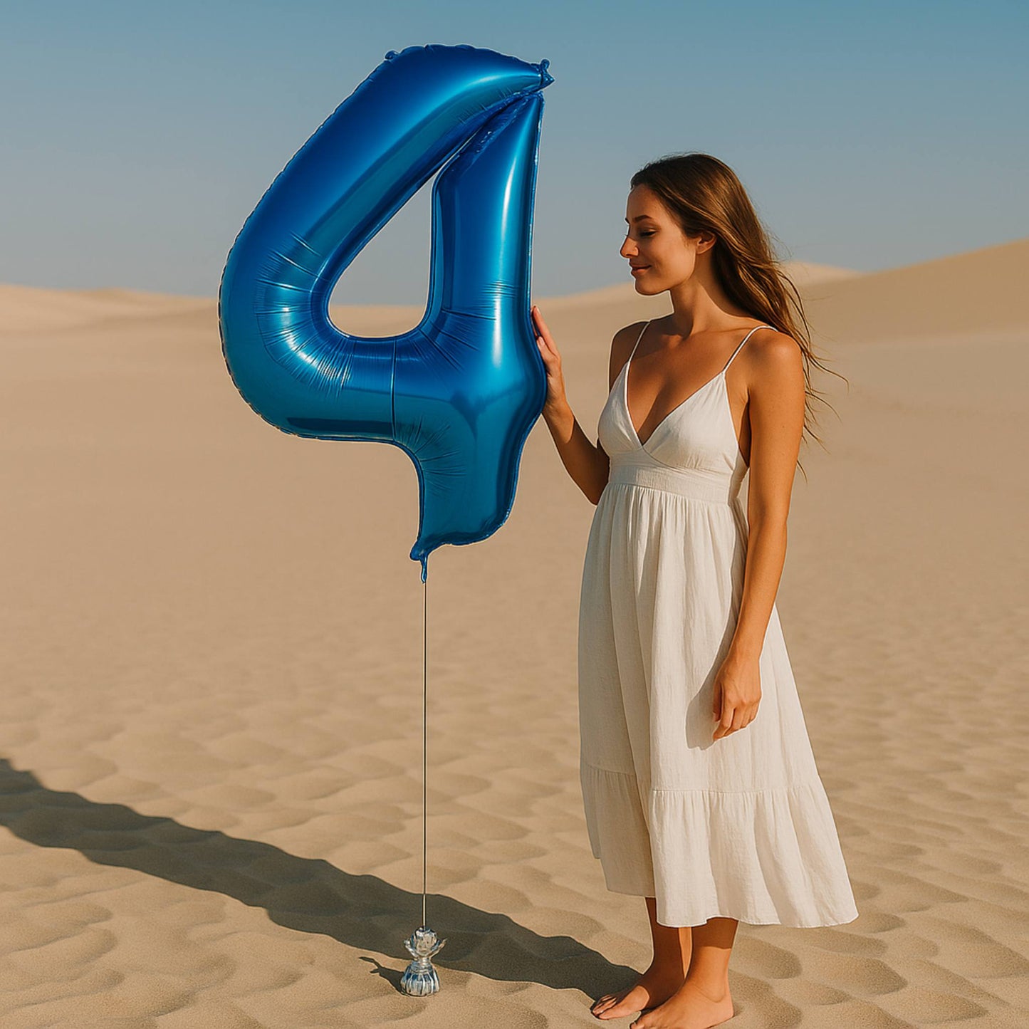 Woman in a white dress holding a large blue number 4 balloon in a desert setting