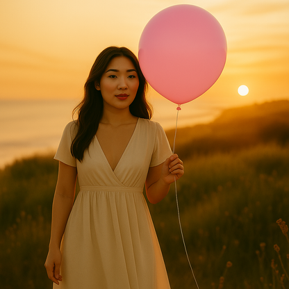 Woman holding a pink balloon against a sunset backdrop
