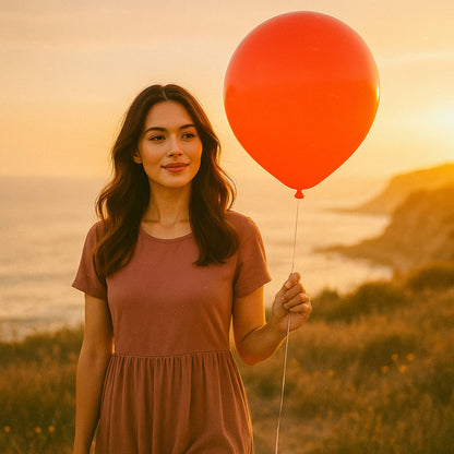 Woman holding a red balloon against a scenic background with a sunset.