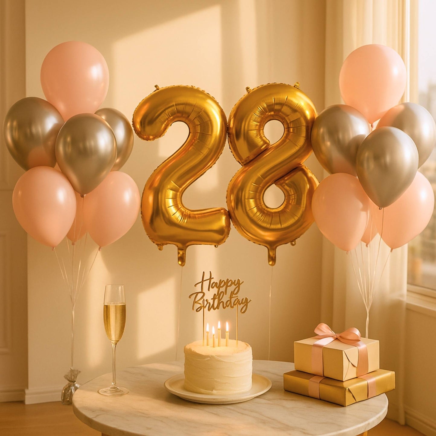 Birthday celebration with gold number '28' balloons, cake, and gifts on a table.