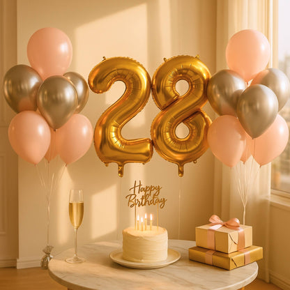 Birthday celebration with gold number '28' balloons, cake, and gifts on a table.